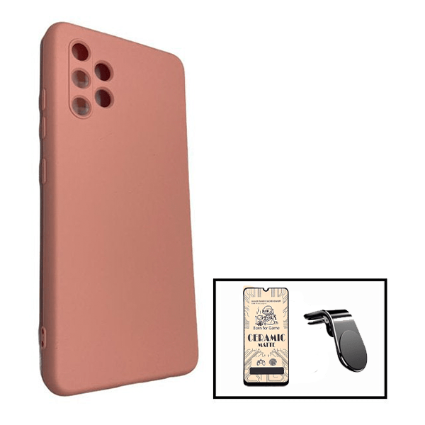 Kit Vidro Temperado Ceramica Full Cover + Capa Proteção Traseira Silicone + Suporte de Carro Magnético L para Samsung Galaxy A32 4G - Rosa