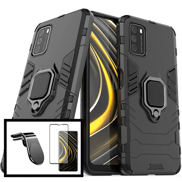 Kit Película de Vidro Temperado GorilasGlass + Capa de Proteção Militar Magnética + Suporte de Carro Magnético L para Xiaomi Poco M3