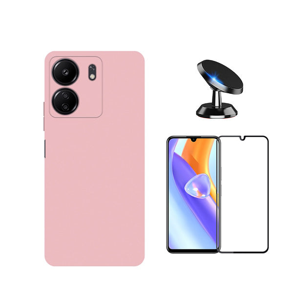 Kit Película de Vidro Temperado GorilasGlass + Capa Proteção Traseira Silicone + Suporte Magnético GIFT4ME para Xiaomi Redmi 13C - Rosa