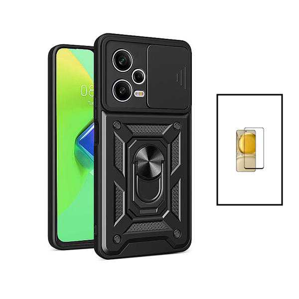 Kit Película de Vidro Temperado GorilasGlass + Capa de Proteção Militar Magnética Janela Deslizante para Xiaomi Redmi Note 12 - Preto