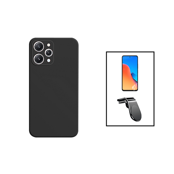 Kit Película Protectora de Hydrogel Frente + Capa Proteção Traseira Silicone + Suporte de Carro Magnético L para Xiaomi Redmi 12 - Preto