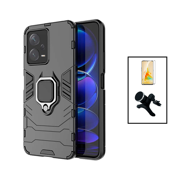 Kit Película de Vidro Temperado GorilasGlass + Capa de Proteção Militar Magnética + Suporte Magnético Com Pernas para Xiaomi Redmi Note 12 Pro Plus - Preto