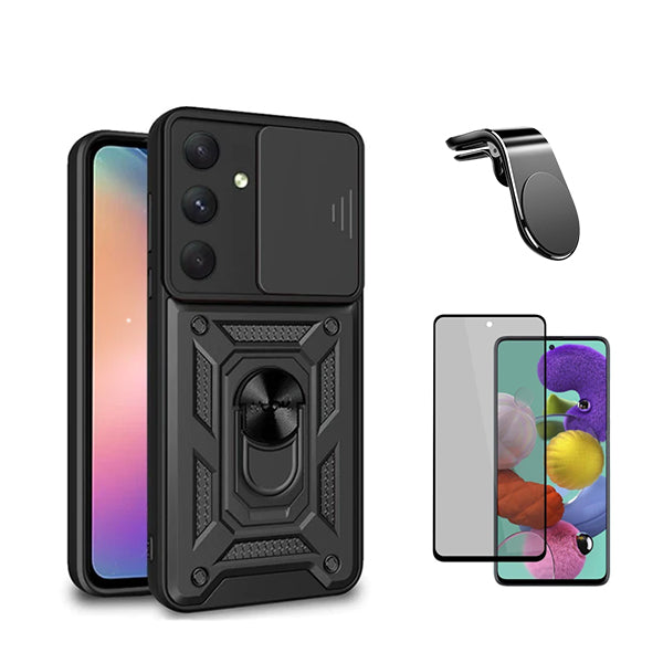Kit Película de Vidro Temperado Privacidade + Capa de Proteção Militar Magnética Janela Deslizante + Suporte Magnético L GIFT4ME para Samsung Galaxy S23 FE - Preto