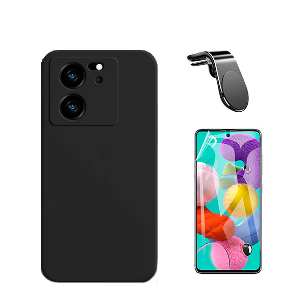 Kit Película Protectora de Hydrogel Frente + Capa Proteção Traseira Silicone + Suporte de Carro Magnético L GIFT4ME para Xiaomi 13T Pro - Preto