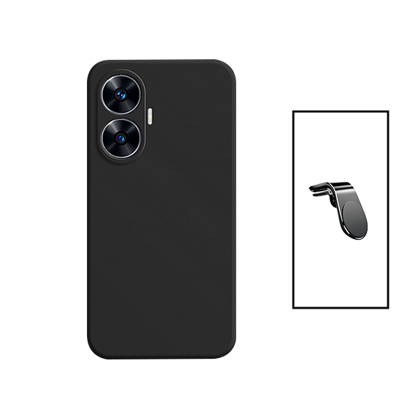 Kit Suporte de Carro Magnético L + Capa Proteção Traseira Silicone para Realme C55 - Preto