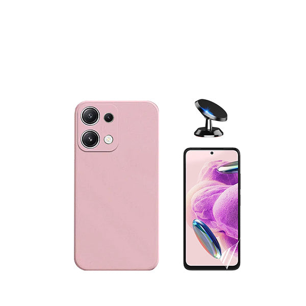 Kit Película Protectora de Hydrogel Frente + Capa Proteção Traseira Silicone + Suporte Magnético GIFT4ME para Xiaomi Redmi Note 13 4G - Rosa