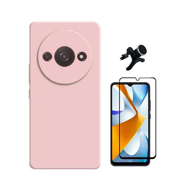 Kit Película de Vidro Temperado GOrilasGlass + Capa Proteção Traseira Silicone + Suporte Magnético Com Pernas GIFT4ME para Xiaomi Redmi A3 - Rosa