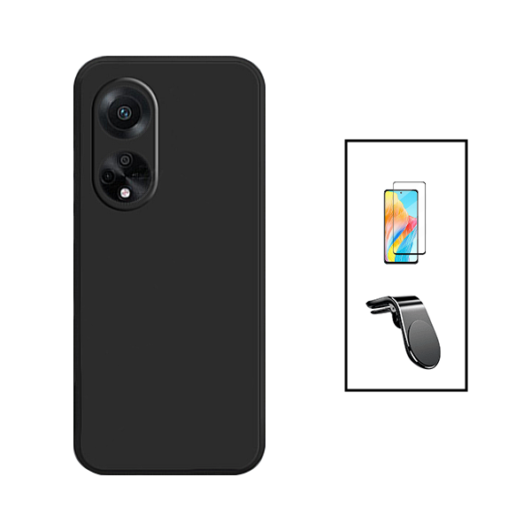 Kit Película de Vidro Temperado GorilasGlass + Capa Proteção Traseira Silicone + Suporte de Carro Magnético L para Oppo F23 5G - Preto