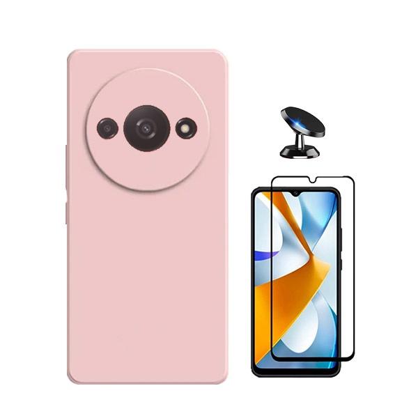 Kit Película de Vidro Temperado GOrilasGlass + Capa Proteção Traseira Silicone + Suporte Magnético GIFT4ME para Xiaomi Redmi A3 - Rosa