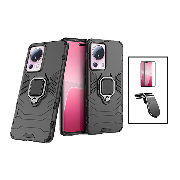 Kit Película de Vidro Temperado GorilasGlass Curvado + Capa de Proteção Militar Magnética + Suporte de Carro Magnético L para Xiaomi 13 Lite - Preto