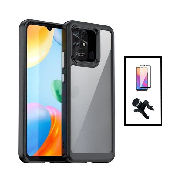 Kit Película de Vidro Temperado GorilasGlass + Capa de Tripla Proteção Revestida a Aluminio + Suporte Magnético Com Pernas para Xiaomi Redmi 10C - Transparente/Preto