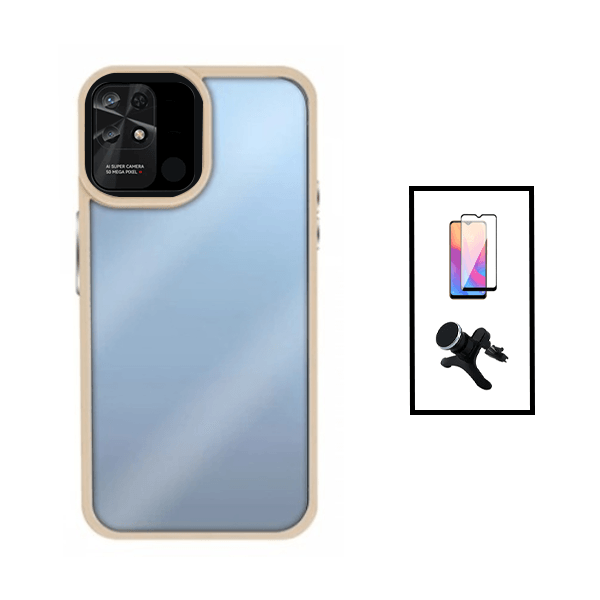 Kit Película de Vidro Temperado GorilasGlass + Capa de Tripla Proteção Revestida a Aluminio + Suporte Magnético Com Pernas para Xiaomi Redmi 10C - Transparente/Beje