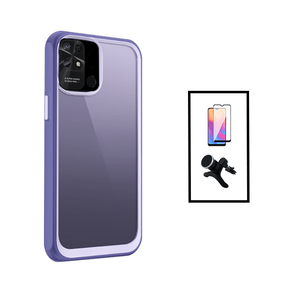 Kit Película de Vidro Temperado GorilasGlass + Capa de Tripla Proteção Revestida a Aluminio + Suporte Magnético Com Pernas para Xiaomi Redmi 10C - Transparente/ Lilás