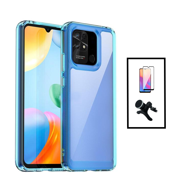 Kit Película de Vidro Temperado GorilasGlass + Capa de Tripla Proteção Revestida a Aluminio + Suporte Magnético Com Pernas para Xiaomi Redmi 10C - Transparente/ Azul Escuro