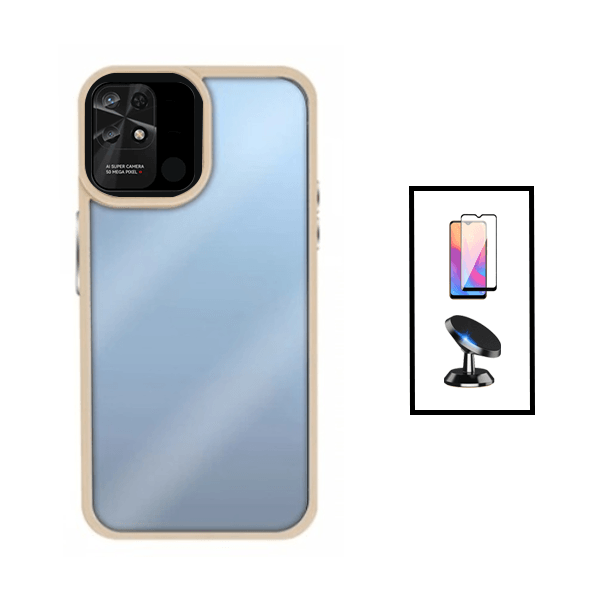 Kit Película de Vidro Temperado GorilasGlass + Capa de Tripla Proteção Revestida a Aluminio + Suporte Magnético para Xiaomi Redmi 10C - Transparente/Beje