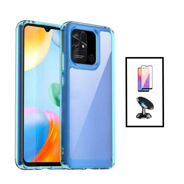 Kit Película de Vidro Temperado GorilasGlass + Capa de Tripla Proteção Revestida a Aluminio + Suporte Magnético para Xiaomi Redmi 10C - Transparente/ Azul Escuro