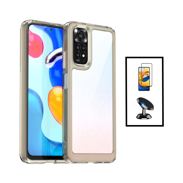 Kit Película de Vidro Temperado GorilasGlass + Capa de Tripla Proteção Revestida a Aluminio + Suporte Magnético para Xiaomi Redmi Note 11 - Transparente/Beje