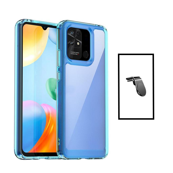 Kit Suporte de Carro Magnético L + Capa de Tripla Proteção Revestida a Aluminio para Xiaomi Redmi 10C - Transparente/ Azul Escuro