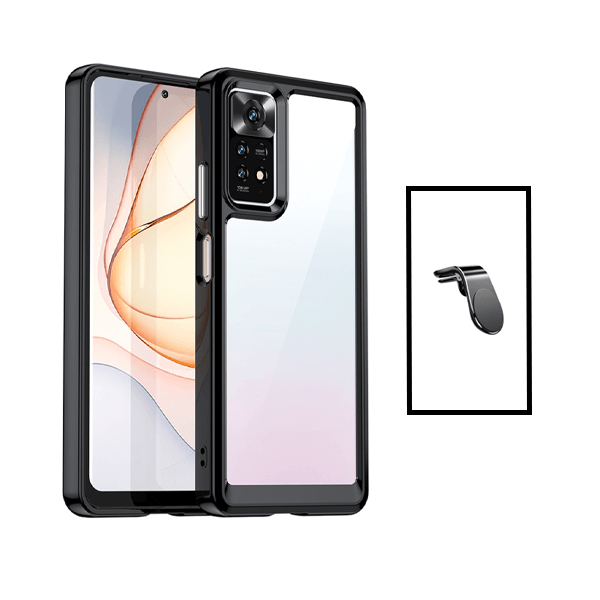 Kit Suporte de Carro Magnético L + Capa de Tripla Proteção Revestida a Aluminio para Xiaomi Redmi Note 11 - Transparente/Preto