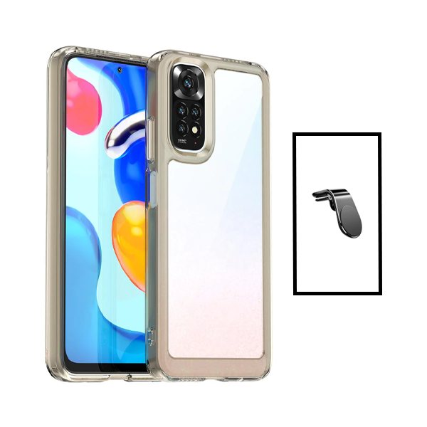 Kit Suporte de Carro Magnético L + Capa de Tripla Proteção Revestida a Aluminio para Xiaomi Redmi Note 11 - Transparente/Beje