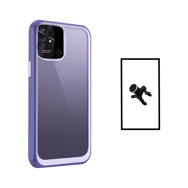 Kit Suporte Magnético Com Pernas + Capa de Tripla Proteção Revestida a Aluminio para Xiaomi Redmi 10C - Transparente/ Lilás