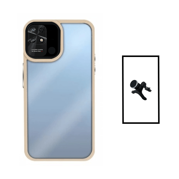 Kit Suporte Magnético Com Pernas + Capa de Tripla Proteção Revestida a Aluminio para Xiaomi Redmi 10C - Transparente/Beje
