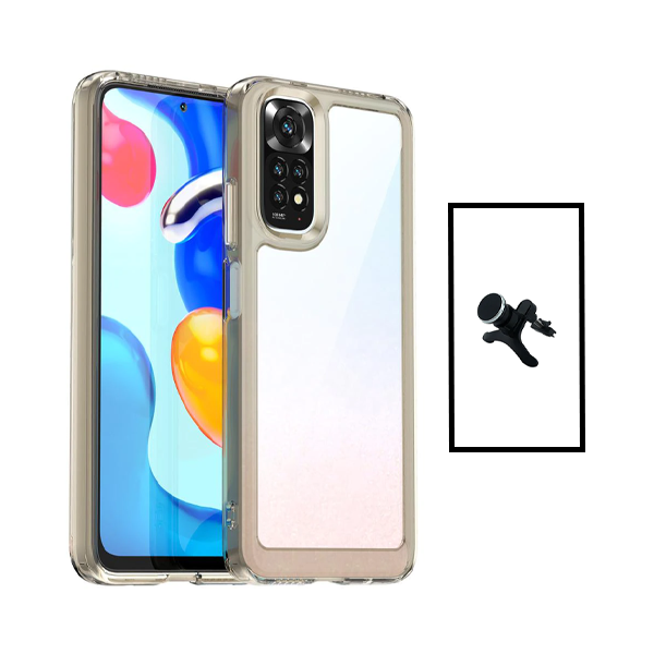 Kit Suporte Magnético Com Pernas + Capa de Tripla Proteção Revestida a Aluminio para Xiaomi Redmi Note 11 - Transparente/Beje