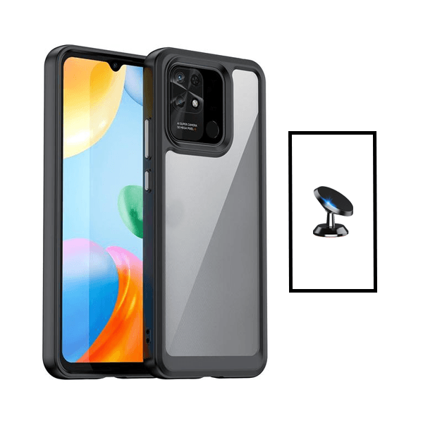 Kit Suporte Magnético + Capa de Tripla Proteção Revestida a Aluminio para Xiaomi Redmi 10C - Transparente/Preto