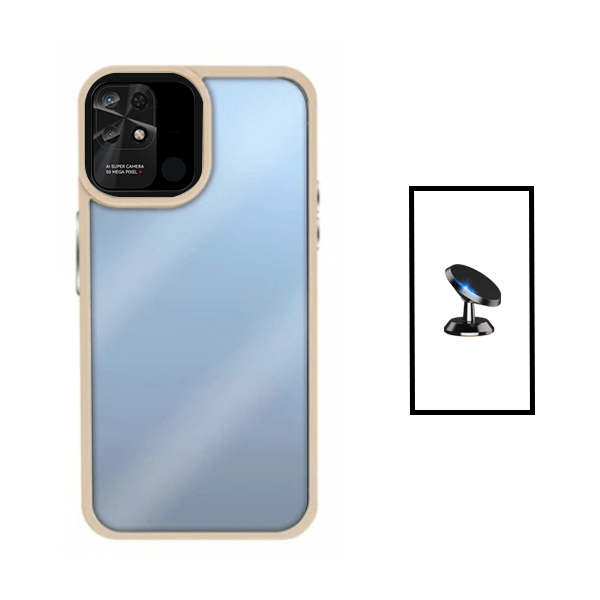 Kit Suporte Magnético + Capa de Tripla Proteção Revestida a Aluminio para Xiaomi Redmi 10C - Transparente/Beje