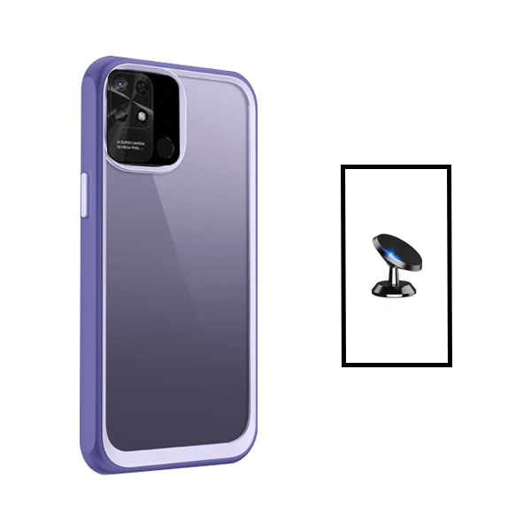 Kit Suporte Magnético + Capa de Tripla Proteção Revestida a Aluminio para Xiaomi Redmi 10C - Transparente/ Lilás