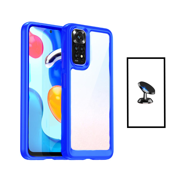 Kit Suporte Magnético + Capa de Tripla Proteção Revestida a Aluminio para Xiaomi Redmi Note 11 - Transparente/ Azul Escuro