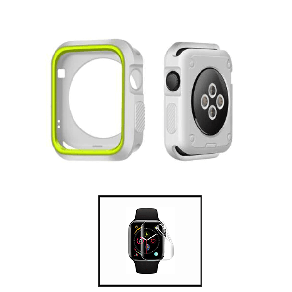 Kit Capa de Proteção Reforçada + Película de Hydrogel para Apple Watch Series 8 - 45mm - Cinza / Verde Fluorescente
