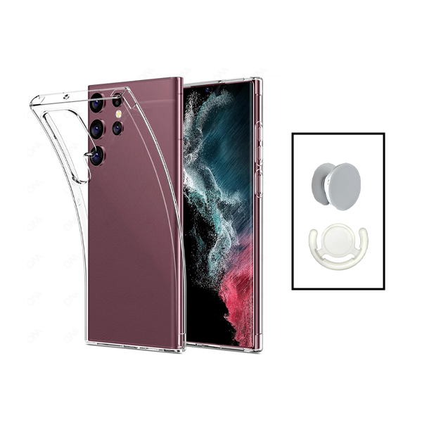 Kit Capa 360° Proteção Frente e Verso + 1 HandHolder + 1 Suporte HandHolder Branco para Samsung Galaxy S23 Ultra - Transparente/Branco
