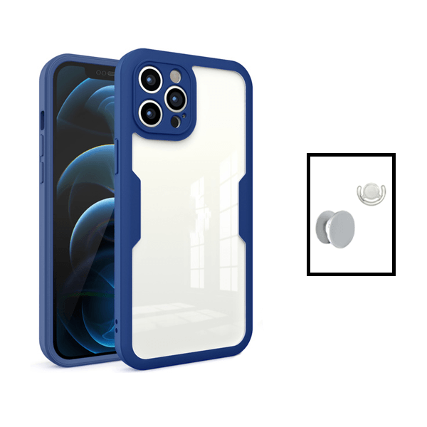 Kit Capa 360° Proteção Frente e Verso + 1 HandHolder + 1 Suporte HandHolder Branco para Apple iPhone 14 - Azul Escuro