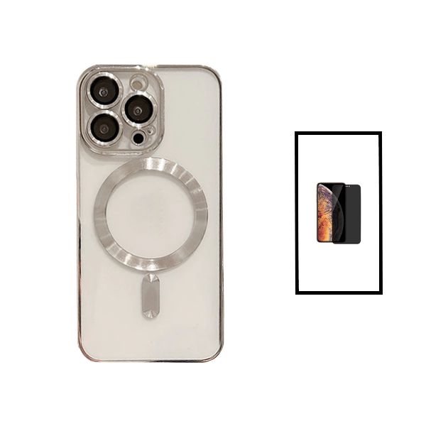 Kit Capa Traseira de Luxo Magsafe Proteção Camara + Película de Vidro Temperado Privacidade para Apple iPhone 14 Pro Max - Cinza