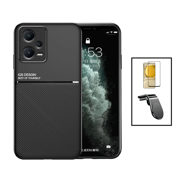 Kit Capa Traseira Magnética Anti Choque + Película de Vidro Temperado GorilasGlass + Suporte de Carro Magnético L para Xiaomi Poco X5 - Preto