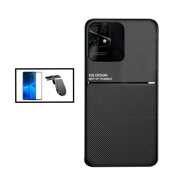 Kit Capa Traseira Magnética Anti Choque + Película de Vidro Temperado GorilasGlass + Suporte de Carro Magnético L para Xiaomi Redmi 10 Power - Preto