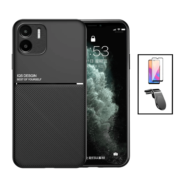 Kit Capa Traseira Magnética Anti Choque + Película de Vidro Temperado GorilasGlass + Suporte de Carro Magnético L para Xiaomi Redmi A2 - Preto