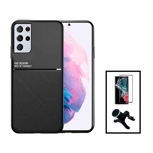 Kit Capa Traseira Magnética Anti Choque + Película de Vidro Temperado GorilasGlass Curvado + Suporte Magnético Com Pernas para Samsung Galaxy S23 Ultra - Preto
