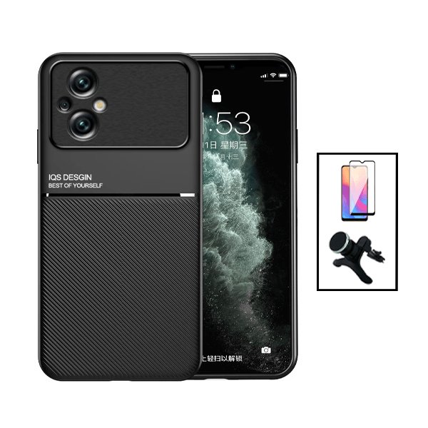 Kit Capa Traseira Magnética Anti Choque + Película de Vidro Temperado GorilasGlass + Suporte Magnético Com Pernas para Xiaomi Poco M5 - Preto