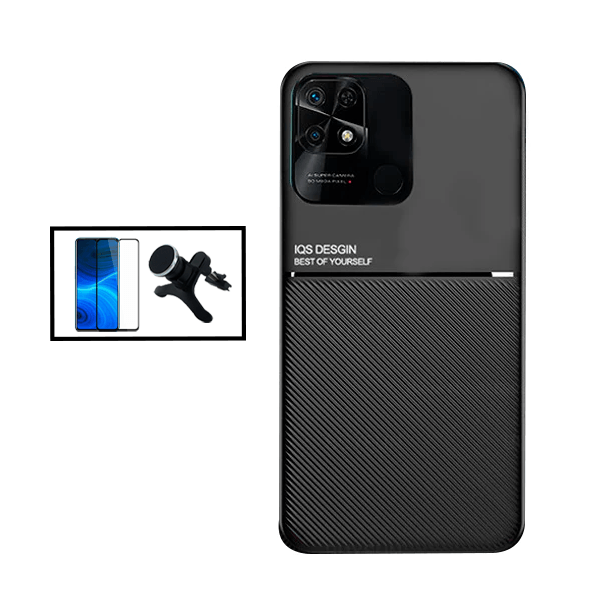 Kit Capa Traseira Magnética Anti Choque + Película de Vidro Temperado GorilasGlass + Suporte Magnético Com Pernas para Xiaomi Redmi 10 Power - Preto