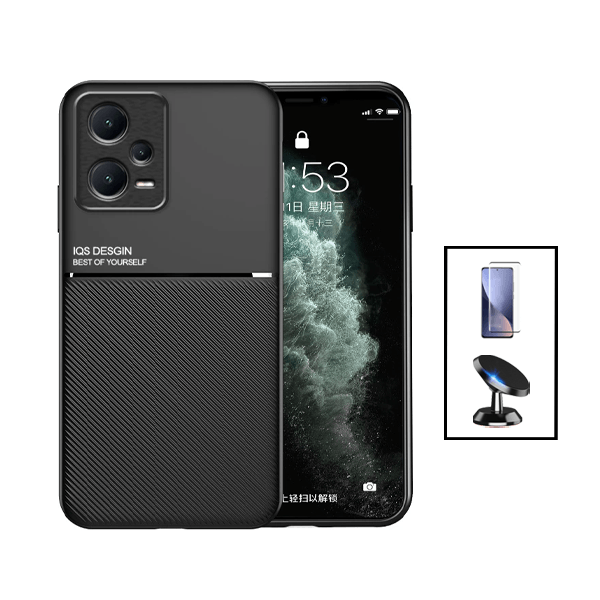 Kit Capa Traseira Magnética Anti Choque + Película de Vidro Temperado GorilasGlass + Suporte Magnético para Xiaomi Redmi Note 12 Pro - Preto