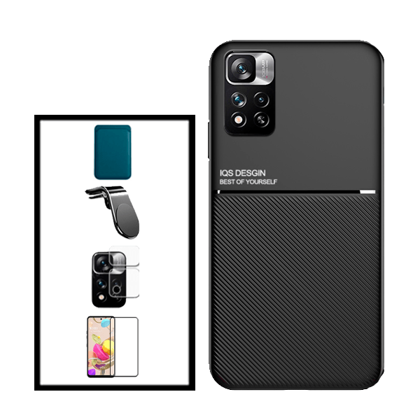 Kit Capa Traseira Magnética Anti Choque + Carteira Magnetica Preto + Película de Vidro Temperado GorilasGlass + Película Protectora para Câmara Traseira + Suporte de Carro Magnético L para Xiaomi Poco X4 Pro 5G - Preto