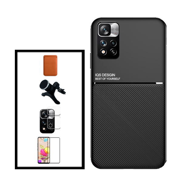 Kit Capa Traseira Magnética Anti Choque + Carteira Magnetica Preto + Película de Vidro Temperado GorilasGlass + Película Protectora para Câmara Traseira + Suporte Magnético Com Pernas para Xiaomi 11i HyperCharge - Preto