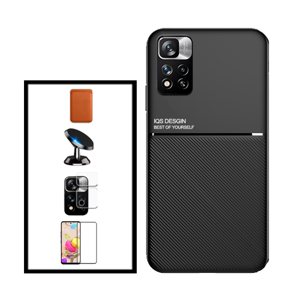 Kit Capa Traseira Magnética Anti Choque + Carteira Magnetica Preto + Película de Vidro Temperado GorilasGlass + Película Protectora para Câmara Traseira + Suporte Magnético para Xiaomi Poco X4 Pro 5G - Preto