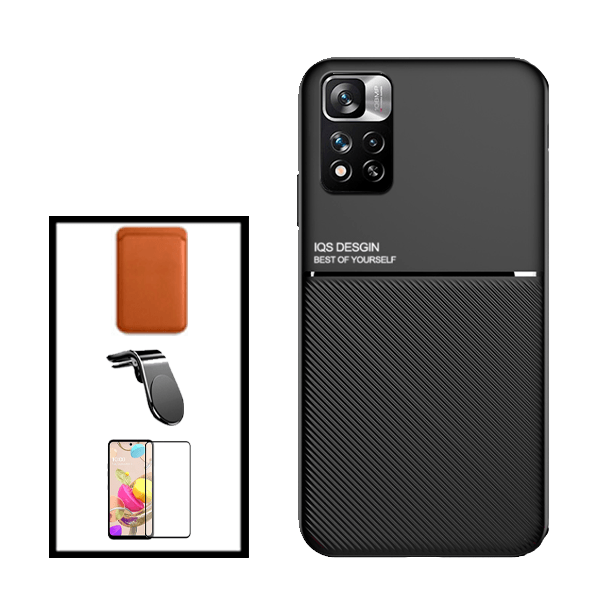 Kit Capa Traseira Magnética Anti Choque + Carteira Magnetica Preto + Película de Vidro Temperado GorilasGlass + Suporte de Carro Magnético L para Xiaomi 11i HyperCharge - Preto