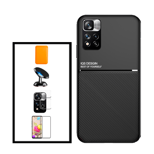 Kit Capa Traseira Magnética Anti Choque + Carteira Magnetica Preto + Película de Vidro Temperado GorilasGlass + Película Protectora para Câmara Traseira + Suporte Magnético para Xiaomi 11i - Preto