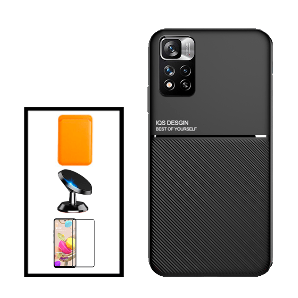 Kit Capa Traseira Magnética Anti Choque + Carteira Magnetica Preto + Película de Vidro Temperado GorilasGlass + Suporte Magnético para Xiaomi Poco X4 Pro 5G - Preto