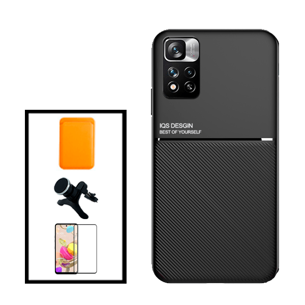 Kit Capa Traseira Magnética Anti Choque + Carteira Magnetica Preto + Película de Vidro Temperado GorilasGlass + Suporte Magnético Com Pernas para Xiaomi 11i HyperCharge - Preto