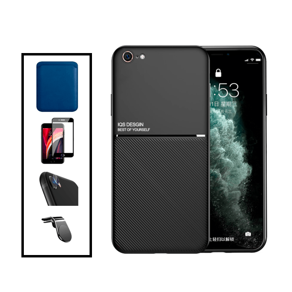 Kit Capa Traseira Magnética Anti Choque + Carteira Magnetica Preto + Película de Vidro Temperado GorilasGlass + Película Protectora para Câmara Traseira + Suporte de Carro Magnético L para Apple iPhone SE 2022 - Preto